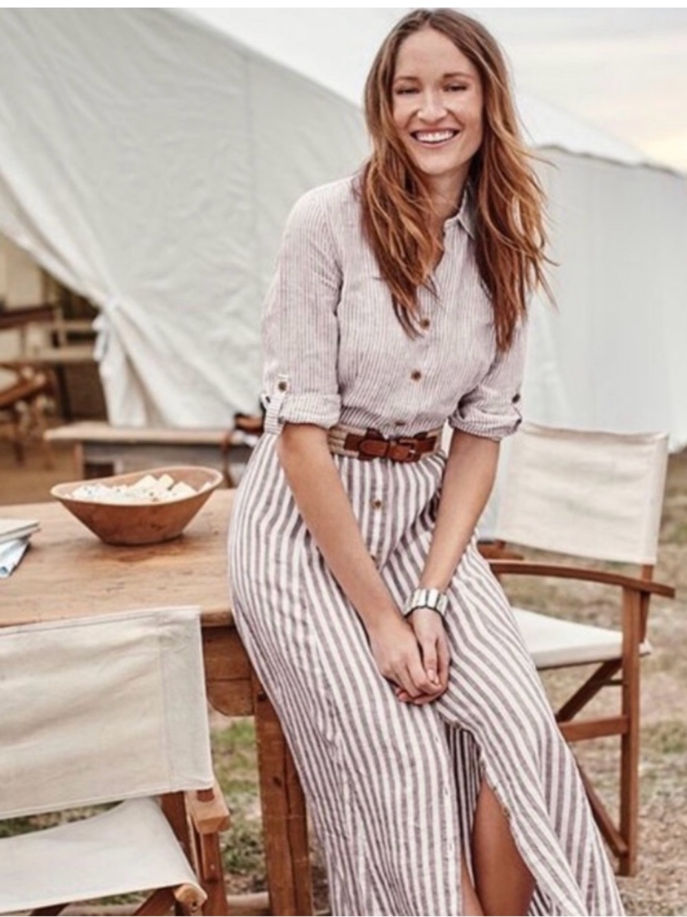 J. Jill Love Linen | Latte / White Linen Long Button Up Shirtdress Size Small
